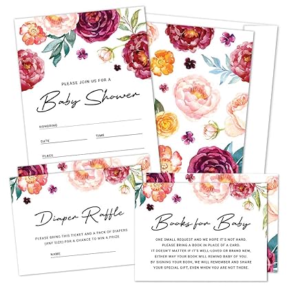 Hat Acrobat Set of 25 Boho Floral Baby Shower Invitations, Diaper Raffle Tickets and Book Request Cards with Envelopes It's a Girl Red Flower Fill in Invites for Gender Reveal Party
