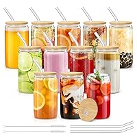 Glass Cups with Bamboo Lids and Straws, 16OZ Ice Coffee Cup, Drinking Cup set with Wooden Lids, Home Essential Glass Tumblers for Beer, Cocktail, Tea and Latte Clear 4 Pack (12)