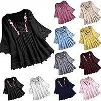 Plus Size Blouse Women Vintage Lace Patchwork Bow V-Neck Tops Embroidery Summer Three Quarter Retro Cute T-Shirt
