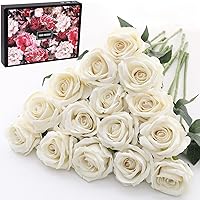 15Pcs Artificial Roses Velet Real Touch Single Stem Fake Roses Silk Realistic Bouquet Flowers Arrangements Home Office Garden Grave Party Wedding Decoration(Cream White-15p, Blossom Roses)