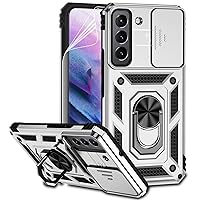 for Samsung Galaxy S22 Case with Camera Lens Cover HD Screen Protector, Dual Layer Military-Grade Drop Tested Magnetic Ring Holder Kickstand Protective Phone Case for Samsung Galaxy S22 5G (Silver)