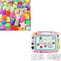 45Pcs Mochi Squishy Toys Mini Squishies Kawaii Animal Squishies Party Favors for Kids + FLY2SKY Magnetic Drawing Board Kids Magnet Drawing Board Pink