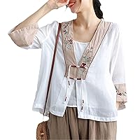 National Vintage Shirt V Neck Women Traditional Blouse Casual Chinese Style Embroidery Cardigan Loose Hanfu Tops