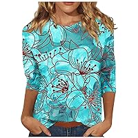 Womens Tops 3/4 Sleeve Shirts Rround Neck Loose Casual Blouses Floral Print Tshirts Summer Workout Tops Plus Size