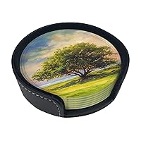 Summer Tree Print Leather Coasters Set of 6 Waterproof Heat-Resistant Drink Coasters Round Cup Mat with Holder for Living Room Kitchen Bar Coffee Decor