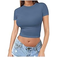 Women's Scoop Neck Crop Tops, Women Short Sleeve Slim Fitted Cropped Shirts Lightweight Workout Basic Top Tight Tee