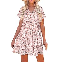 Country Dress,Summer Thin Loose Floral Women's Dress V Neck Pullover Short Sleeve Knee Length Skirt Dresses for