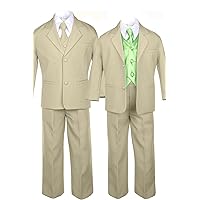 Unotux 7pc Boys Khaki Suits with Satin Lime Green Vest Set Necktie Baby to Teen