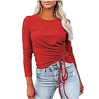 Womens Long Sleeve Workout Tops Ruched Side Drawstring Ribbed Knit T Shirt Stretch Slim Fitted Yoga Athletic Blouses Red