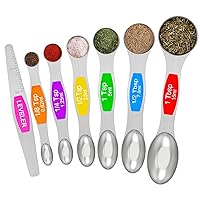 Magnetic Measuring Spoons Set - Wildone Stainless Steel Double Sided Measuring Spoons Set of 7, for Dry and Liquid Ingredients, including 6 Heavy Duty Nesting Spoons, 1 Leveler, Fits in Spice Jar