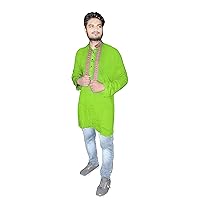Indian Men's Cotton Shirt Wedding Wear Tunic Embroidered Green Color Kurta Plus Size