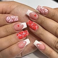 Valentine's Day Press on Nails Medium - French Tip Love Red Pink Lips Press on Nails Heart Deign, Glossy Pink Fake Nails with Glue on Nails Medium Square,Reusable Stick on Nails for Women Girls 24Pcs