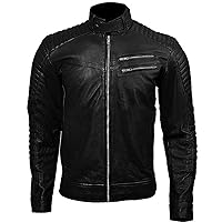 Men's Slim Fit Quilted Motorcycle Double Zipper Pocket Black Leather Jacket