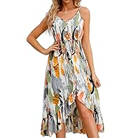 Women's Summer Casual Dresses Floral Spaghetti Strap V-Neck Sleeveless Button Down Flowy Midi Sun Dress