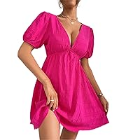 Dresses for Women Women's Dress Tie Back Puff Sleeve Textured -line Dress Dresses (Color : Hot Pink, Size : Small)