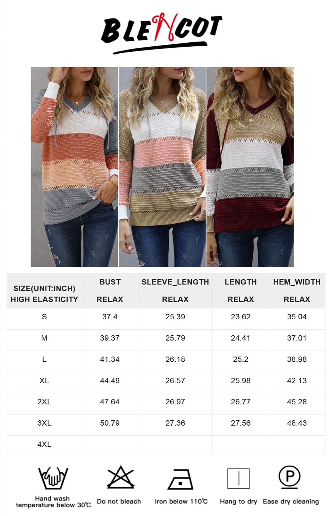 BLENCOT Women's Lightweight Color Block Hooded Sweaters Drawstring Hoodies Pullover Sweatshirts