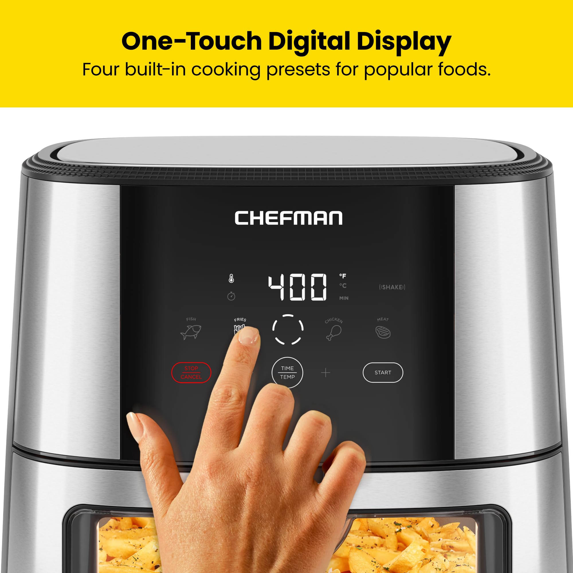 CHEFMAN Easy-View Air Fryer – 8 Qt Family Size with Viewing Window, One-Touch Digital Control with 4 Presets, Nonstick & Dishwasher Safe, Broil, Roast, Dehydrate, Bake, Auto-Shutoff, Stainless Steel