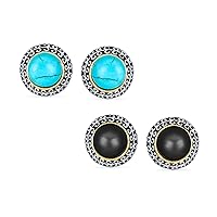 Balinese Button Style Two Tone Simulated Pearl Black Onyx Turquoise Dome Clip On Earrings For Women Non Pierced Oxidized Silver Plated