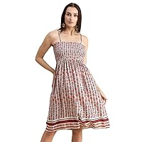 Women’s Printed Smocked Viscose Dress, Knee Length, Spaghetti Strap Midi Dress