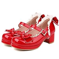Women Sweet Bow Mary Janes Cute Kawaii Shoes Chunky Heel Pumps Patent Leather Block Heel Cosplay Shoes
