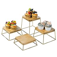 MyGift 6 Inch Square Burnt Natural Solid Wood and Gold Tone Metal Wire Cupcake Dessert Risers, Tabletop Pizza Food Serving Stands for Home Retail Event, 4 Piece Set