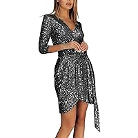 Women's New Casual Sexy Long Sleeved Solid Sequin V Neck Lace Up Dress Knit Dress Midi