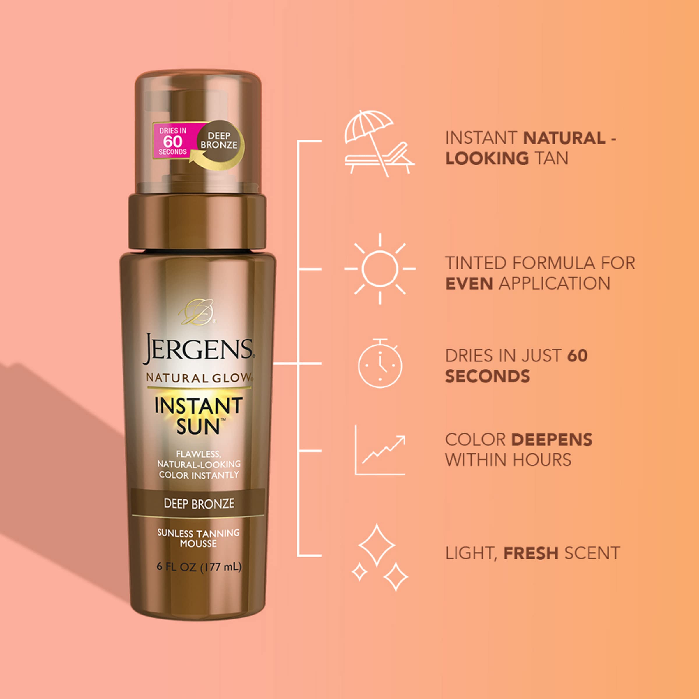 Jergens Natural Glow Instant Sun Body Mousse, Self Tanner for Deep Bronze Tan, Sunless Tanning Body Bronzer, Natural Looking Fake Tan, 6 Ounce