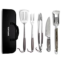 Premium 5-Piece Grill Set with Stainless Steel Spatula, Fork, Locking Tongs, Extra-Long Wood Handles, Damascus Steel Chef Knife 8 inch with Wooden Sheath, Heavy-Duty Grill Brush and Scraper by TOFTMAN