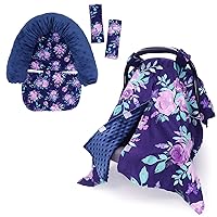 Car Seat Cover & Carseat Headrest, Purple Flower Peekaboo Opening Minky Carseat Canopy Head Support & Seat Belt Cover, Car Accessories for Newborn Girls