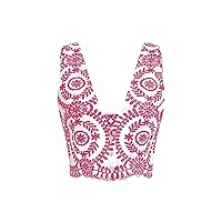 Floral Embroidery Crop Top (Color : Hot Pink, Size : Large)