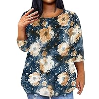 Women's Plus Size Tops 3/4 Sleeve Summer Casual Crewneck Comfy Shirts Trendy Floral Print Loose Fit Blouse