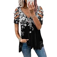 Andongnywell Womens Summer Print Tshirts Cut Out Cold Shoulder Tunic Tops Blouse Shirts Zipper Up Deep V Neck T Shirts
