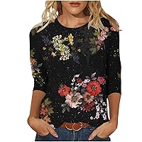 Women Elbow Length Sleeve T Shirts 2024 Trendy Floral Print Tops Summer Casual Loose Crew Neck 3/4 Sleeve Tunic Blouses S-5XL