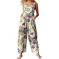 YESNO Overalls for Women Casual Loose Summer Rompers Boho Floral Adjustable Straps Wide Leg Jumpsuits with Pockets PQ2