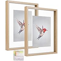11x14 Floating Frame Set of 2,Double Glass Rustic Frame,Display Any Size Photo up to 11x14,Wall Mount or Tabletop Standing,Natural