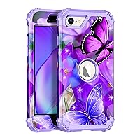 Miqala for iPhone SE 2022/2020 Case,Three Layer Heavy Duty Shockproof Hard Plastic Bumper +Soft Silicone Rubber Protective Case for Apple iPhone SE(3rd Gen/2nd Gen) 4.7 inch,Purple Butterfly