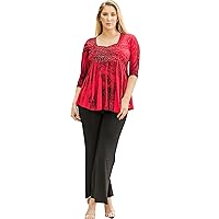Plus Size Red Womens Top 3/4 Sleeve Flowy Tunic Dress Rhinestone Top Sweetheart Neckline, Ladies Tops and Blouses