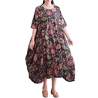 Women's Casual Loose Floral Linen Long Summer Maxi Dresses with Pockets