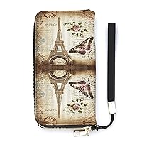Vintage Eiffel Tower Monarch Butterfly Cute Wallet Long Wristlet Purse Credit Card Holder Cell Phone Purse Elegant Clutch Handbag for Women