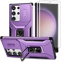 for Samsung Galaxy S23 Ultra Case, with Slide Camera Cover and TPU Screen Protector [2 Pack], 360° Rotation Ring Kickstand [Military Grade] Protective Case for Galaxy S23 Ultra (Purple)