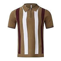 Quarter Zip Polo Shirts for Men Casual Vintage Striped Knitted Short Sleeve Polos Shirt Stretch Slim Fit Golf Shirts