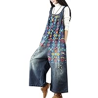 Flygo Women's Floral Printed Wide Leg Distressed Bib Denim Overalls Jumpsuits with Pockets (One Size, Dark Blue)
