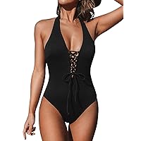 CUPSHE Women's One Piece Halter Deep V Neck Tie Front Lace Up Ribbed Low Back Swimsuit