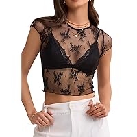 MEROKEETY 2024 Women's Sheer Mesh Cap Sleeve Crop Top Crewneck Summer Sexy Lace Y2K See Through Blouse Shirts