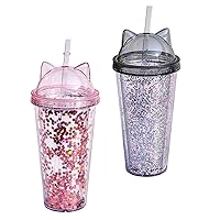 2PCS Cups MugsWater Bottle with Straw Glitter Water Cup Double Layer Water Cup Drinking Cup with Cat Ear