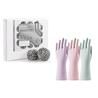 COOLJOB 3 Pairs Large Household Cleaning Gloves & 12 Pack Stainless Steel Scrubber Sponges