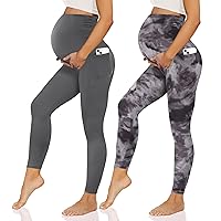2 Pack Maternity Leggings with Pockets Over The Belly, Womens Black Workout Yoga Pregnancy Pants