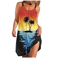 Funny Coconut Palm Print Mini Beach Dress Womens Summer Vacation Sundress Sleeveless Boat Neck Tunic Tank Dresses