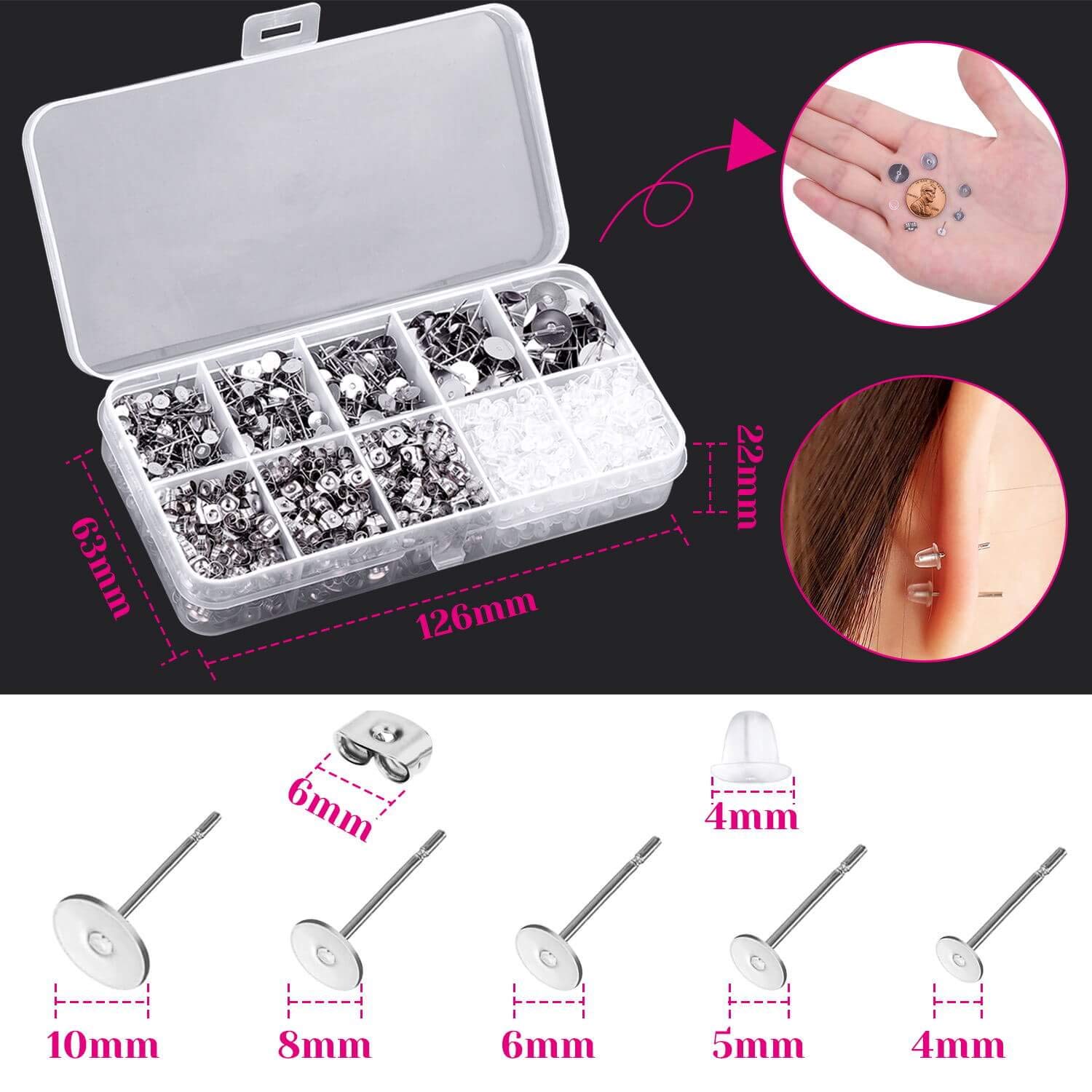 Earring Posts and Backs, Shynek 1800pcs Earring Making Supplies with Stainless Steel Earring Posts and Earring Backs for Studs, Earring Making Kit for DIY Earrings and Jewelry Making