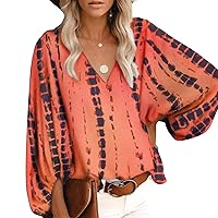 Women Casual V Neck Geometric Print Lantern Sleeve Balloon Sleeve Shirt Blouses Tops Pullover